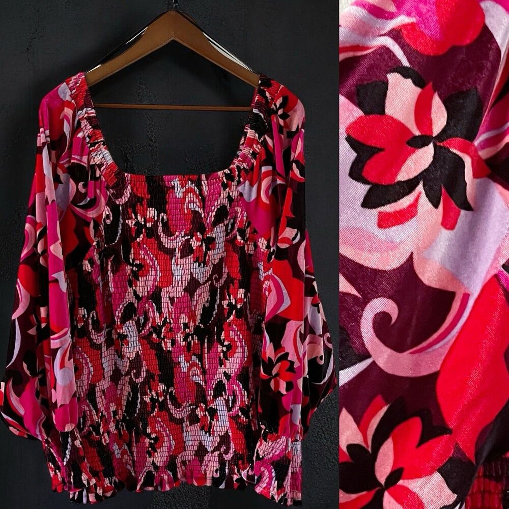 Terra & Sky Women's Velvet Smocked Top Blouse Shirt Pink Floral Plus 4X 28W-30W